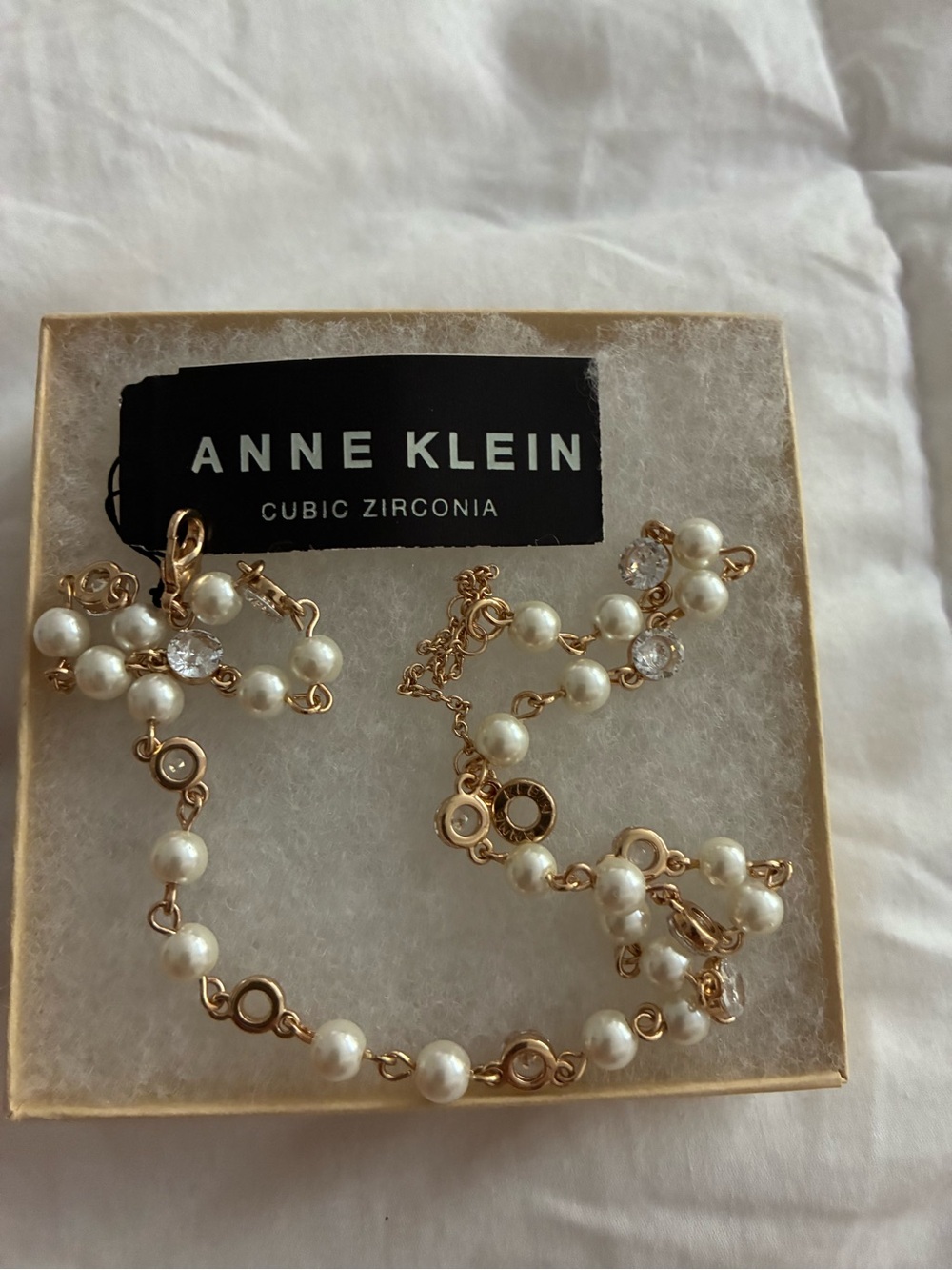 Anne Klein Gold-Tone Necklace with White Pearls and Clear Crystals